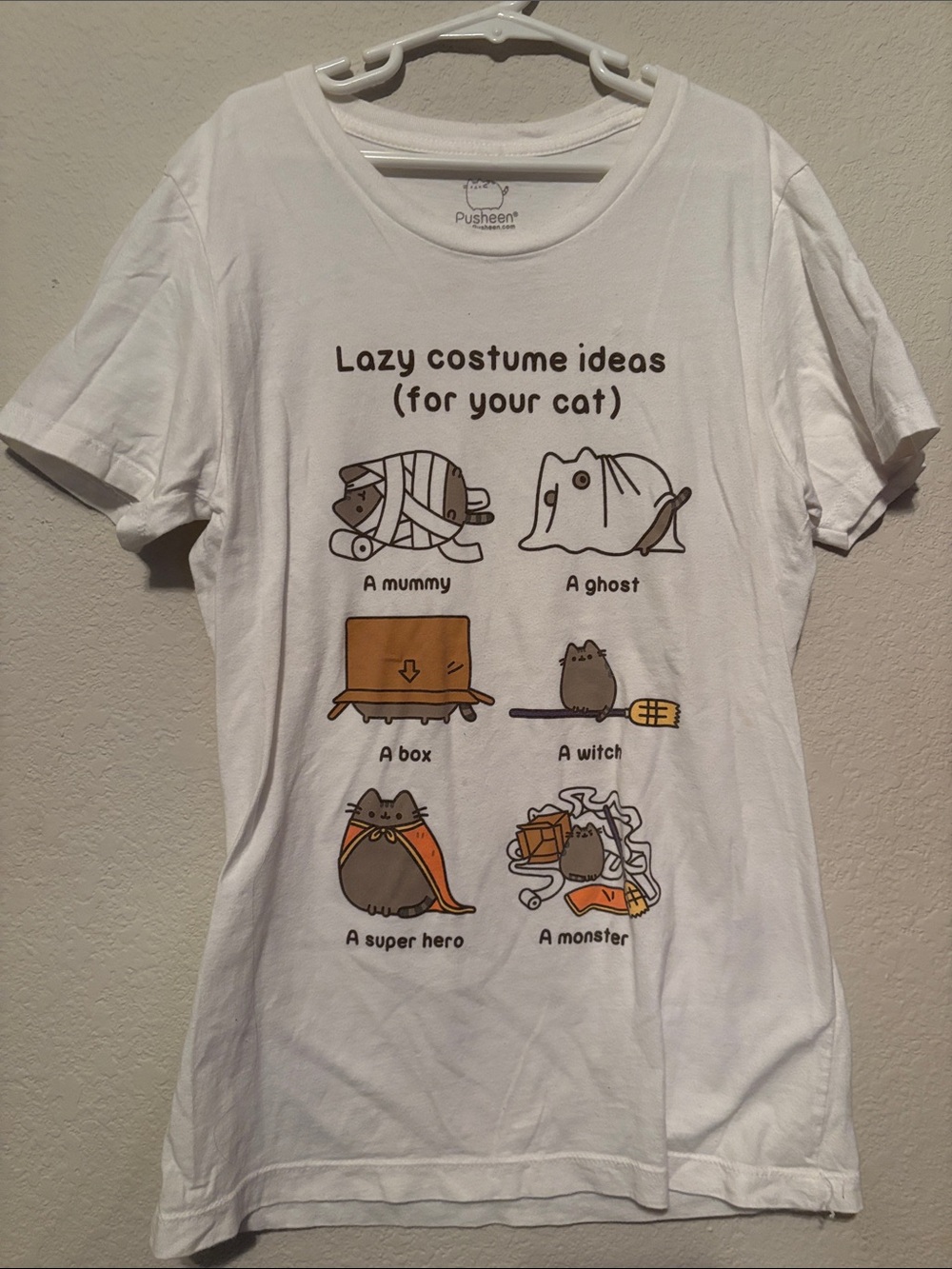 Pusheen White Graphic Tee with Orange & Brown Costume Illustrations